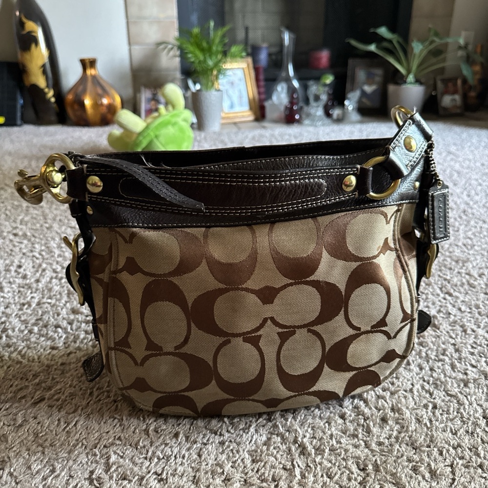 Coach Brown Monogram Shoulder Bag with Leather Accents